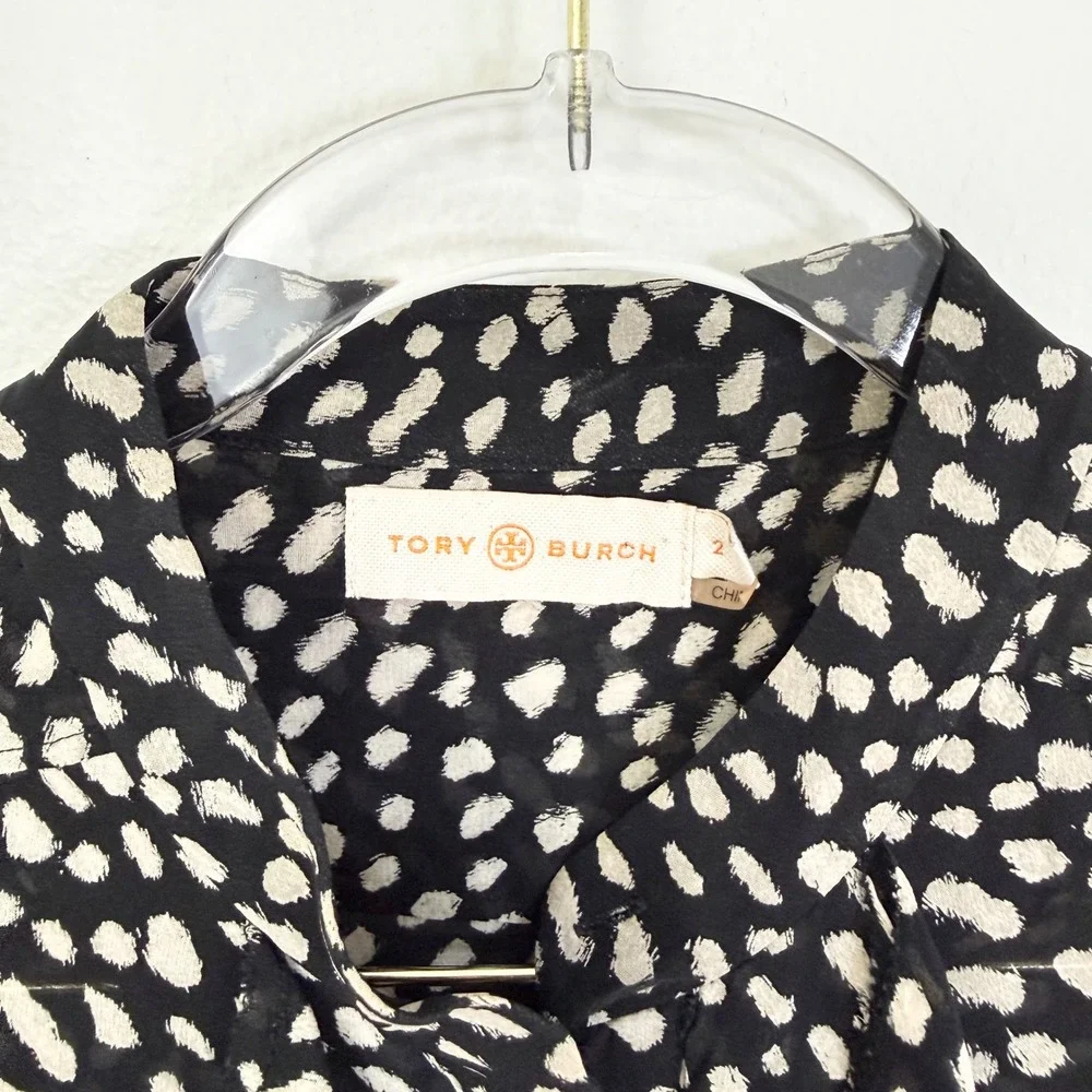 Tory Burch Silk Ruffle Front Blouse Black White Print Size 2